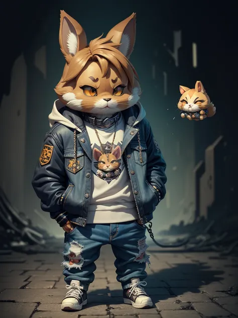 c4tt4stic, Cartoon Chibi Rabbit Netherland Dwarf Jacket and Jeans and Sneakers、A large watch chain accessory is hanging from his neck.