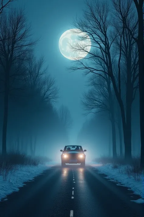 Silent Night Scene): A dark, deserted road under the moonlight, with a lone car driving through the mist. The surroundings are eerie, with tall, shadowy trees and an ominous atmosphere.