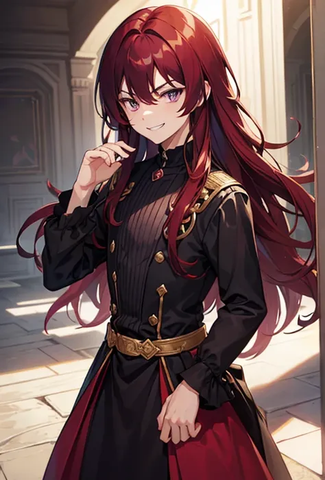 A boy with dark red hair, hair between eyes, long hair, dark purple eyes, mischievous smile, mischievous attitude, mischievous expression, smug expression, prince dress