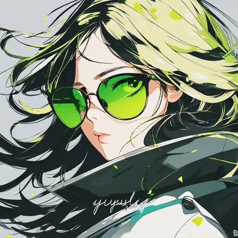 Anime girl with sunglasses in her hair, Guweiz style artwork, digital illustration style, anime style illustration, anime style 4k, yellow-green eyes, With shining eyes, anime style. 8K, Hero, Persona 5 art style wallop