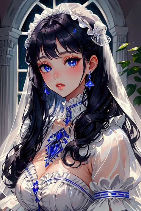 1 girl, tanzanite eyes, very long black hair,parted lips, cute, silky skin, (frills:1.1),  (leaning forward:0.1),  (window:0.9),...