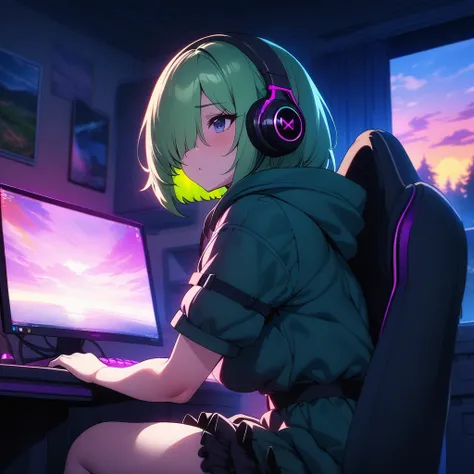 masterpiece,best quality,very aesthetic,high saturation,(ultra-detailed),nsfw,1girl,solo,curvy,thicc,(hair over one eye:1.3),bob cut,green hair,dark blue eyes,toxic colored gothic parka,short sleeves,frilled gothic skirt,girls room,desk,PC,gaming chair,mon...