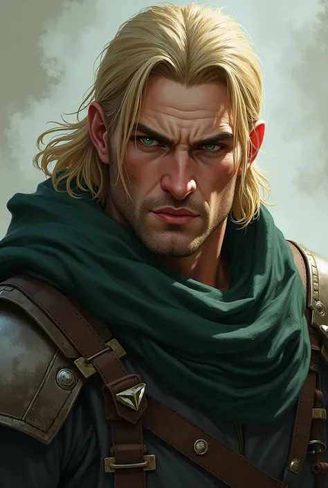 A 2 man with green eyes,blond with a serious temperament, For an RPG
