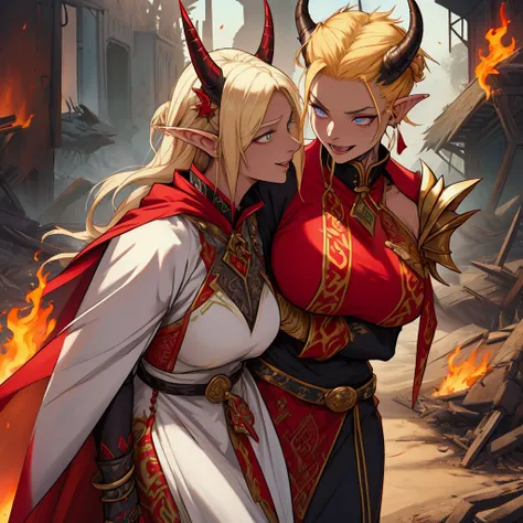 extremely muscular blonde elf woman, white warrior empress uniform [the outfit shows her excellent physique]; has a long and extremely extravagant red cape that only reaches the shoulder pads; shaved punk undercut haircut, on the left side of the hair ther...