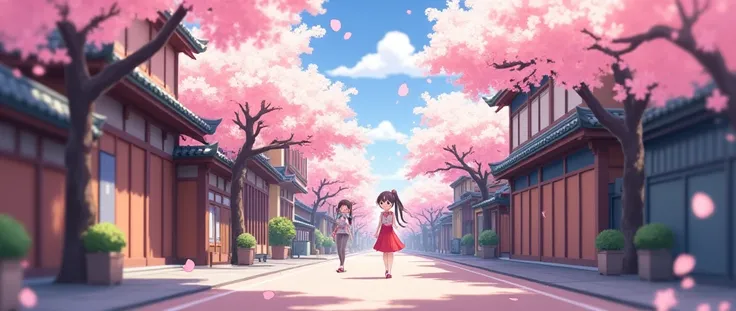 Japanese streets，Cherry Blossoms Falling，Anime cute art style, 2D anime style