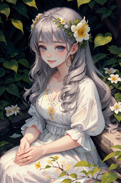 1girl, gray_hair, long_hair, golden_eyes, smiling, flowers_in_hair, white_dress, flowing_dress, sitting, outdoors, nature, soft_...