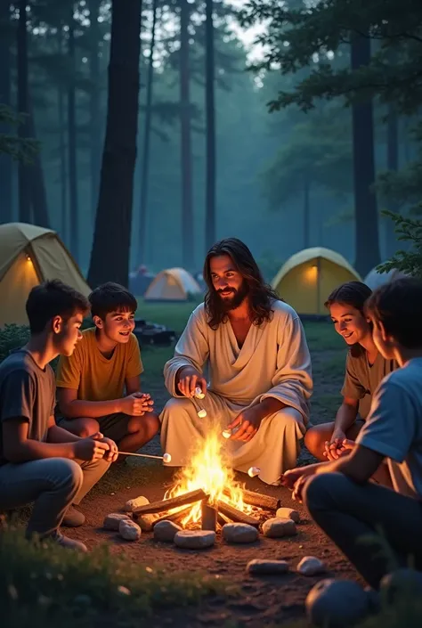 a realistic image of jesus at a campfire roasting marshmallows on a campfire with church teens with lots of trees in the background and tents