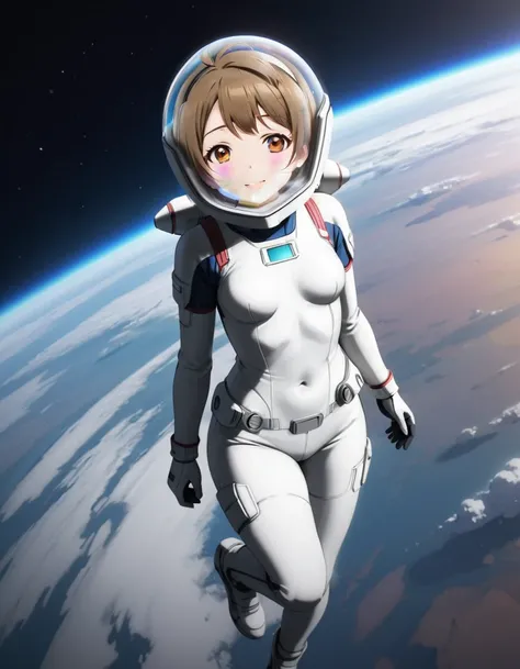 (Spacesuit:1.15), White Cargo Pants, Space Helmet , , Spacewalk, masterpiece, Highest quality, One person, alone, short hair, , , , Bodysuits,Gloss,, short hair, (Futuristic spaceship:1.6), , smile,Covered navel, short hair,Small breasts,From above, space ...