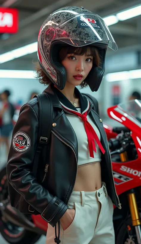 documentary photo, realistic, dramatic scene, very beautiful Japanese high school girl, famous beautiful Japanese idol, cute woman, punk rock styled mature bad girl, short curly-haired, standing at the side of a motorcycle, at a Honda motorcycle dealer, ma...