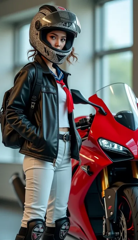 documentary photo, realistic, dramatic scene, very beautiful Japanese high school girl, famous beautiful Japanese idol, cute woman, punk rock styled mature bad girl, short curly-haired, standing at the side of a motorcycle, at a Honda motorcycle dealer, ma...