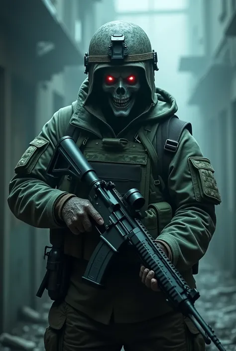 Scary ghost in tactical clothing carrying a rifle wearing an army soecial ooerations helmet