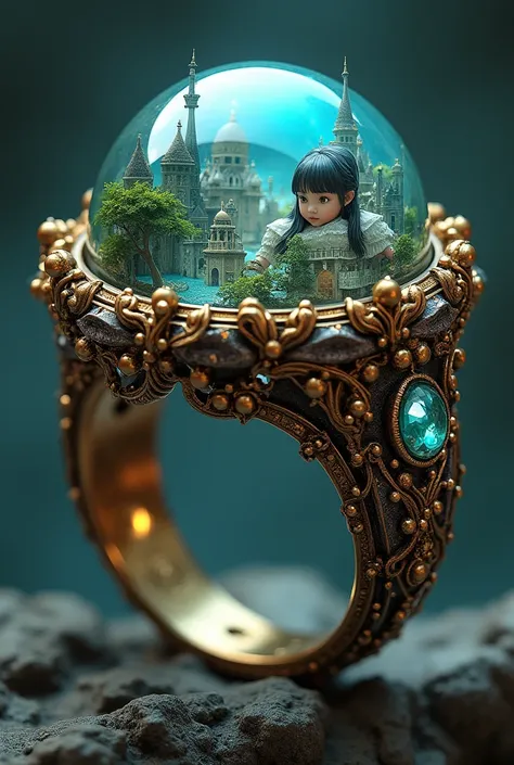 beautiful magic ring, A stunning ring adorned with exquisite gemstones, exuding a dreamlike charm with a fantastic and realistic medieval city and girl spread out within the enchanting depths of the gemstones. Intricate details on the ring and miniature la...