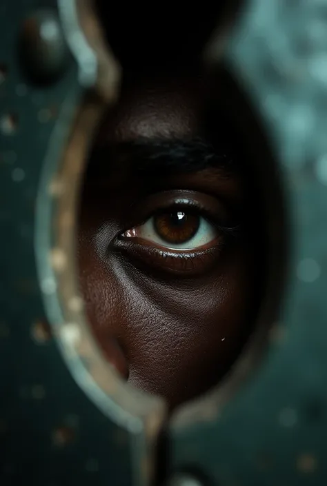 Dark brown eye of a black man looking into a small keyhole of a door.