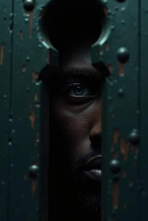 Dark brown eye of a black man looking into a keyhole.