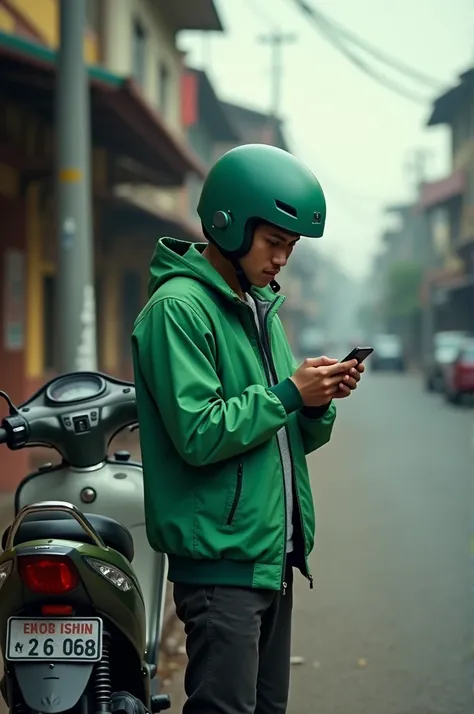 Indonesian man standing, wearing green jacket and green helmet, beside motor cycle , watching his phone, in the side of the town road, realistic, hd, unreal engine, cinematic