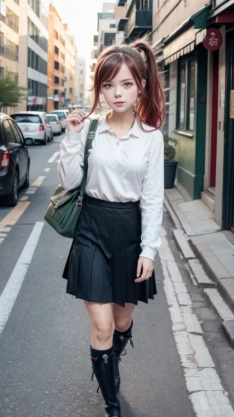 Cute schoolgirl walking on the street after school,1 girl, clap, ruby hair,green eyes,dreaming about boyfriend,tape, Ponytail, parted lips, anime style,striped gaiters