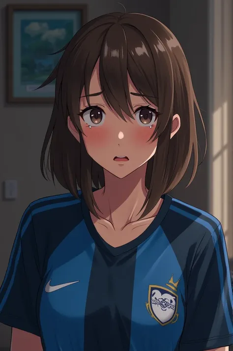  with brown straight hair in a blue and black uniform crying because her parents don&#39;t like football and are scolding her 