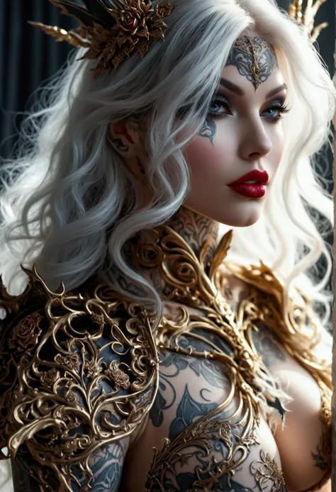 Create an image of the most stunningly gorgeous beautiful perfect sexy tattooed death knight, high detailed sexy stunning gorgeous soft feminine face, perfect makeup, full curved lips, lipstick, beautiful perfect body, sexy lace lingerie dress, long luscio...