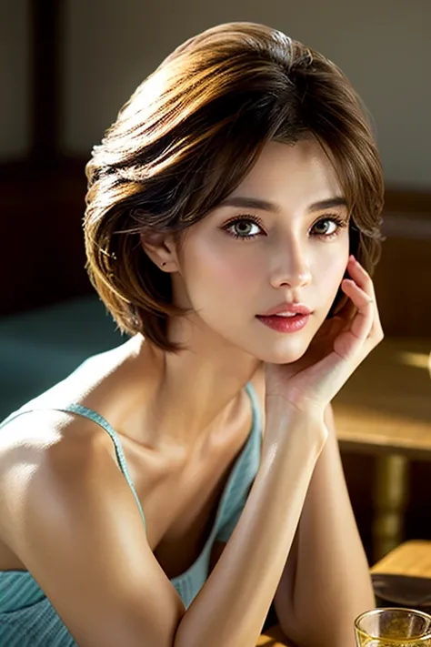 8k,Brown short hair,Japanese actress,Super Beauty(Like the real thing),Short sleeve dress,Whiskey bottles、The Macallan、Johnnie Walker、、Old Parr、whiskey、Suntory、Nikka、Slim Couple、Model Couple、(Realistic, Intricate details:1.2), full-course dinner、Whiskey bo...