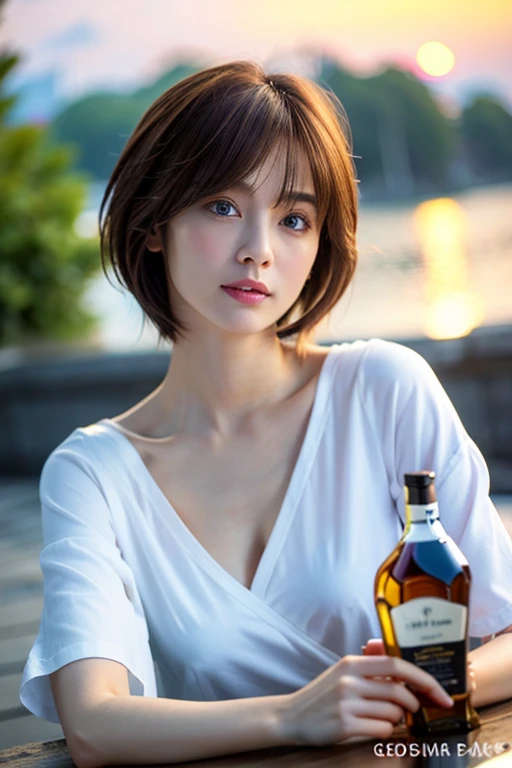 8k,Brown short hair,Japanese actress,Super Beauty(Like the real thing),Short sleeve dress,Whiskey bottles、The Macallan、Johnnie Walker、、Old Parr、whiskey、Suntory、Nikka、Slim Couple、Model Couple、(Realistic, Intricate details:1.2), full-course dinner、Whiskey bo...