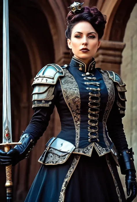 realistic photo of  a woman in a victoryan noble offial military uniform holding a cyber sci- fi rapier, cyberpunk victorian age...