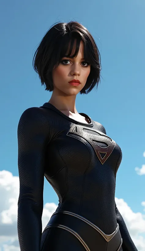 supergirl in tight bodysuit, short height, black hair, short shag haircut, black eyes, supergirl bodysuit, sky background, upper body, ultra realistic professional photo, look at viewer, RAW photo