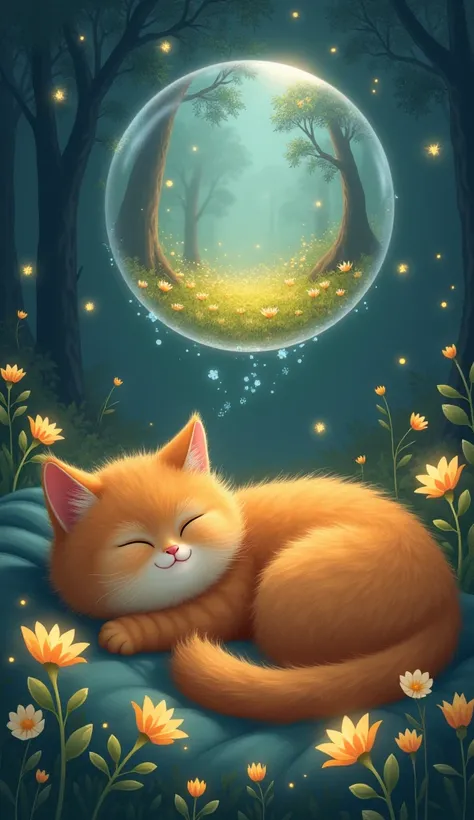 The fluffy orange cat is asleep, dreaming of its adventure, with a soft smile on its face. The scene shows the cat in a dream bubble above its head, revisiting the magical clearing in the forest with glowing flowers and fireflies.
