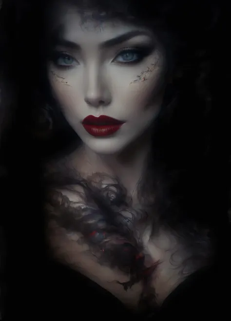 arafed woman with dark makeup and red lips in a dark room, portrait of a dark goddess, inspired by george hurrell, dark hair and...