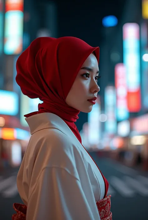 A captivating two-thirds, side view shot of a gorgeous asian woman in red hijab, she is wearing a white kimono in downtown Tokyo, night time, ultra hd, 16k resolution