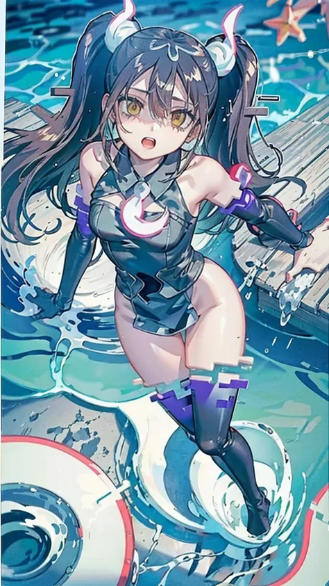 tone,/(kantai_collection/),(((having fun splashing around in the water at the beach))),in uniform,twintail_hair,closed_one_eye