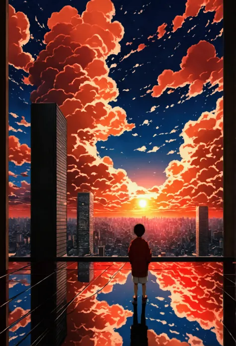 A big anime City like Tokyo, Japan, buildings, sun set , dark red and orange beautiful clouds , (8k, best quality, master peace:2.0) , (realistic+ anime , image , wallpaper, hd quality, ) reflection of sun set light, floor and building glass reflected to l...