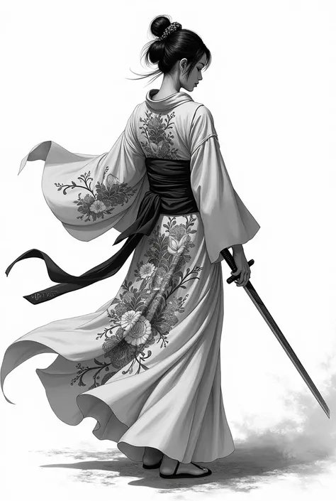 Geisha Warrior Drawing Style Flowers Back Black and White 