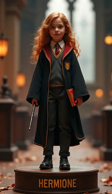 "Create an image of young Hermione Granger from the first Harry Potter movie, standing on a pedestal with the word HERMIONE engraved on the base. Hermione should be depicted in her full Hogwarts school uniform, complete with her Gryffindor tie, robe, and h...