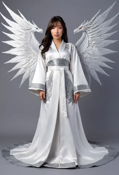 (high end fashion show) robe is modeled by a cute yuna, Description:
This exquisite robe is crafted from the finest silvery-white silk, with intricate patterns of platinum thread woven throughout. The hem and sleeves are adorned with scales of actual plati...