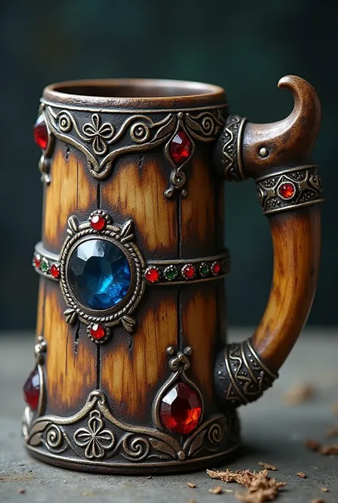 Viking mead mug primitive, decorated with precious stones, Horn metal