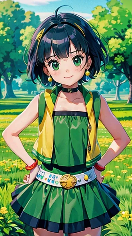 (1girl, solo, highly insanely detailed, masterpiece, top quality, best quality, highres, 4k, 8k, RAW photo),((innocent look)),((Childish)),From the front, symmetrical composition,smile,cute,Innocent,Kind eyes,Flat chest,pokemovies,forest, ppgzbtc, green ey...