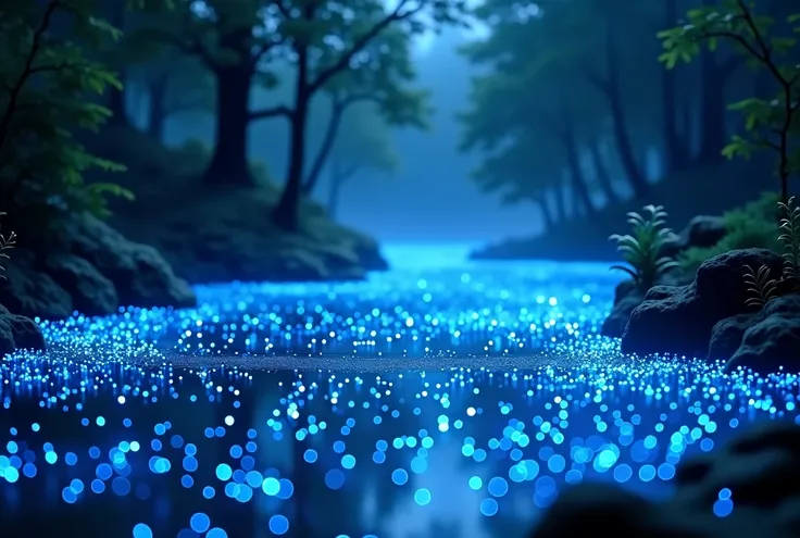 Luminous lake in the nigh time filled with small blue crystals 