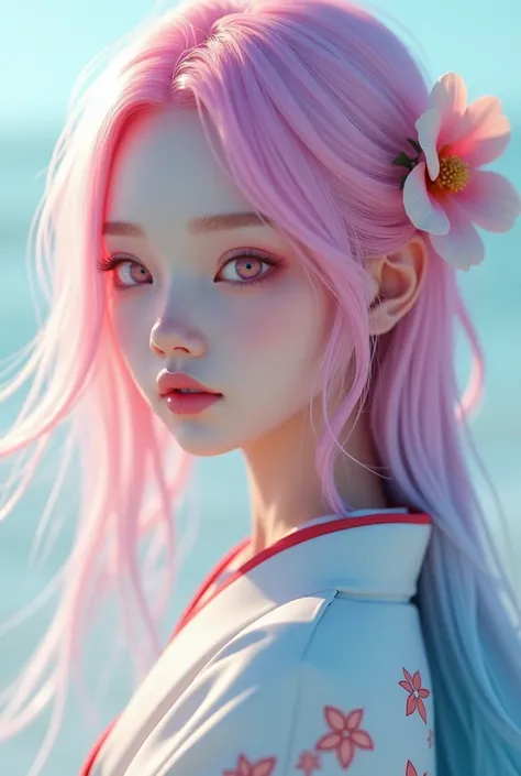 Make a girl with Lemonade pink as the main hair color with Sky blue colored hair ends colored hair using a Japanese Kimono around the age 19 Pink Eyes, Hair Flower,  long hair realistic, looks like a human3D Rendering, 