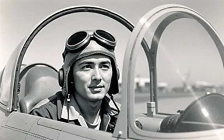 The photograph appears to be of Saburo Sakai, a Japanese fighter pilot who served in the Imperial Japanese Navy during World War II. Sakai is known for being one of the most famous Japanese aces of the war, with a total of 64 confirmed victories.

The imag...