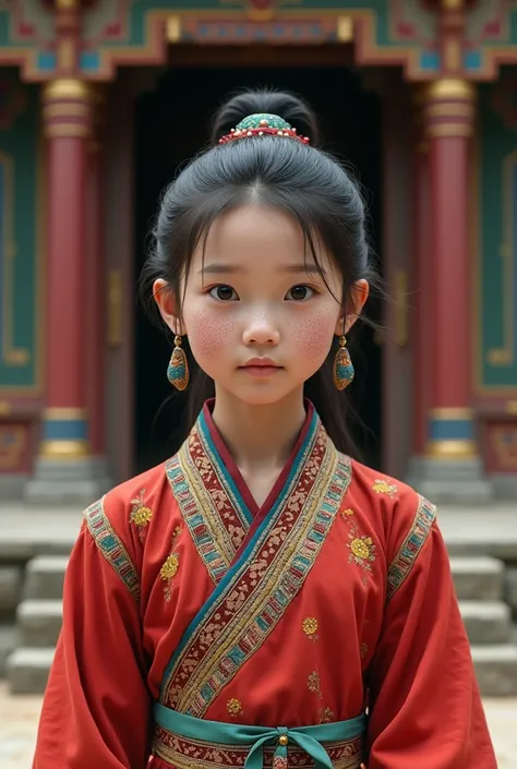 A girl wearing Bhutanese dress face full of mole mainly on her chin in front of the temple