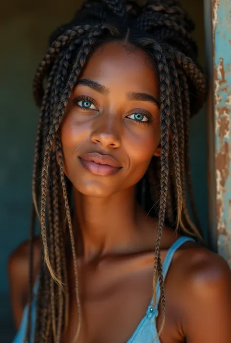 A 50-year-old black Brazilian woman but younger, with slightly gray hair and braids and big blue eyes 