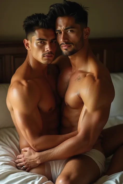 Picture of a 2 hot buff tan shirtless Asian men naked on the bed.