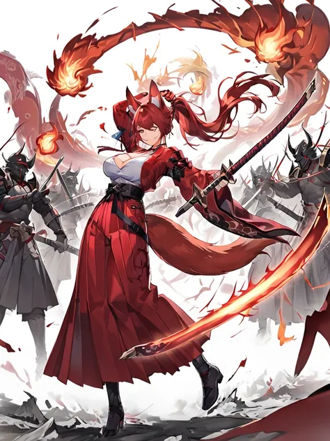  8K Top quality Masterpiece Long red ponytail Red fox ears Nine fox tails Very large breasts Red eyeshadow on lower eyelids Five fingers Alluring Japanese style Kimono Wearing a red jacket Long hakama Toned body Flame hell Red burning Japanese sword Fighti...