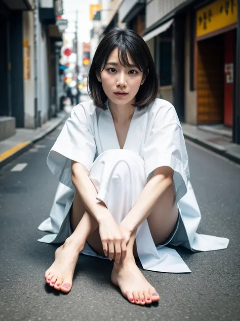 Sitting on the floorＭA Japanese woman spreading her legs in the street、Realistic and detailed portraits, Beautiful attention to detail, Beautiful lip detail, Highly detailed face and long eyelashes, barefoot, Natural light, 8k, (Highest quality:1.2), (Real...