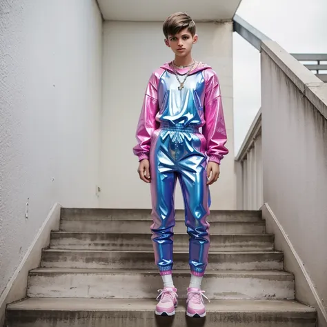 full view full body, one white european skinny kid with hyper styled short undercut light-brown haircut, wearing pink and blue l...