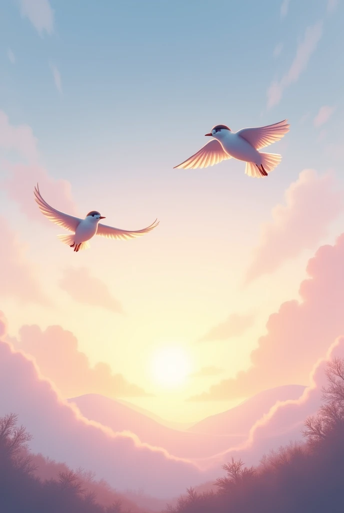 A serene setting, with a sky at dawn and birds flying slowly 