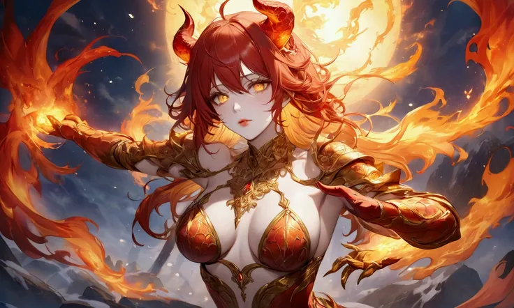 score_9, score_8_wonderful, score_7_wonderful,非常にbeautiful女性がポーズを取っている,Looking up,Dark fantasy,Flame Genie,(Pure white skin),(snow-white lips),Devil Eye,Mature Woman,Demon King,anime,Unreal beauty,Captivating eyes,Decadent Makeup,One-point tattoo,(Golden g...