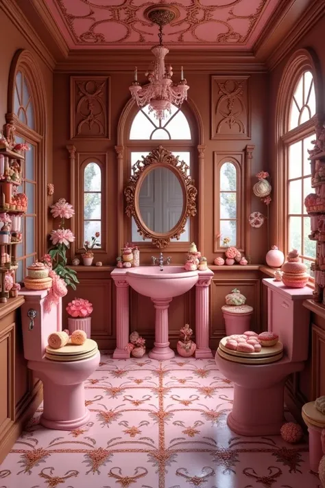 Sweets room, Gothic style, all made from candy and chocolate, furniture and lighting all made from sweets, everything made from sweets, macaroons, marshmallows, chandelier is candy, floor is chocolate, walls are biscuits, make the sweets atmosphere stronge...