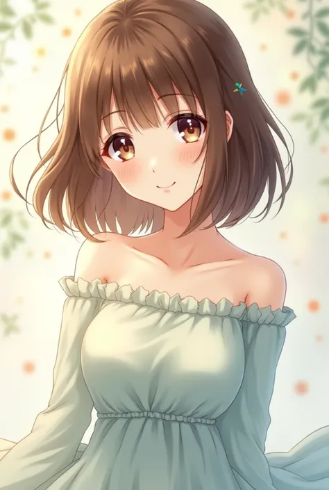 Masterpiece, The ultimate result, high resolution, A woman wearing a long cream-blue dress、 Shoulder length brown hair、 brown eyes、 lovely woman、 beautiful、 sling、 My eyes fell.、 Softness、 Detailed faces、（High quality）、smile、Innocent、Anime