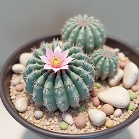 (masterpiece, best quality, photorealistic realistic), 1 small thornless cactus, measuring 12 centimeters in diameter and about 5 centimeters high. Its shape is almost spherical and slightly depressed at the top, Its color is between grayish green and blui...